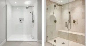 Modern walk-in shower with frameless glass, tile walls, and luxury fixtures showing cost-effective and high-end design options