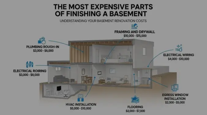 what is the most expensive part of finishing a basement